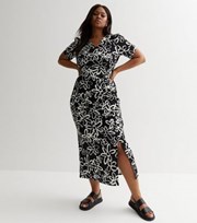 New Look Curves Black Floral Ruched Midi Wrap Dress